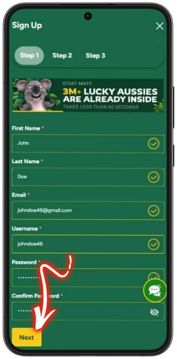 Fair Go Casino registration next button step 1
