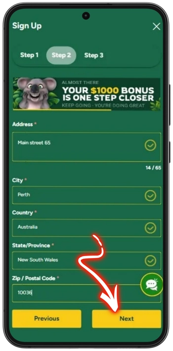 Fair Go Casino registration next button step 2