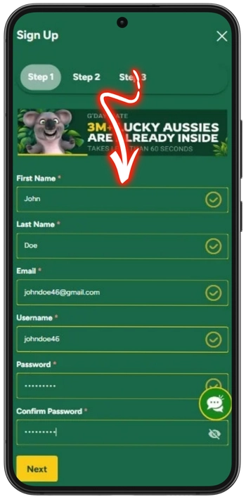 Fair Go Casino registration step 1 personal data