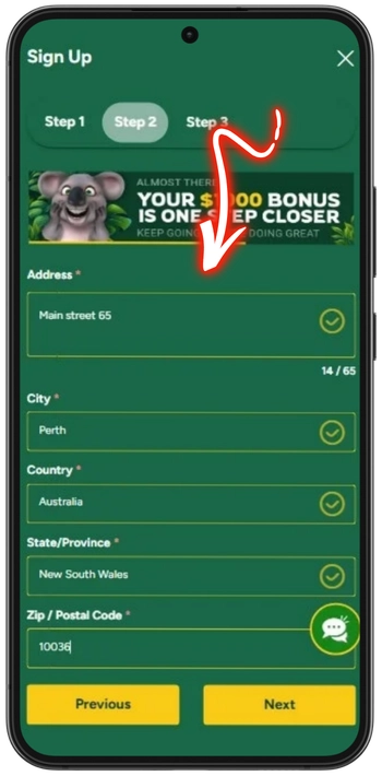 Fair Go Casino registration step 2 address form