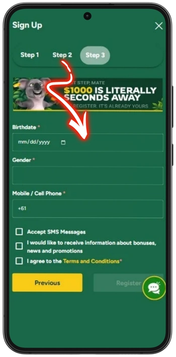 Fair Go Casino registration step 3 contact details