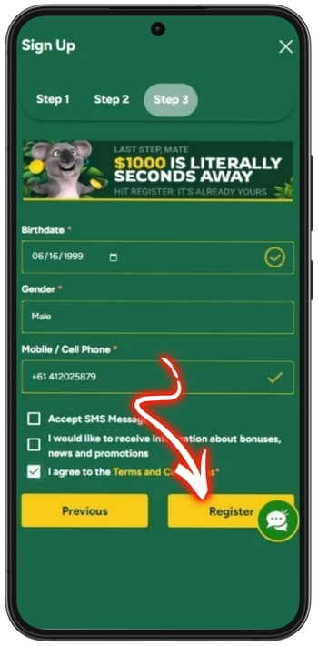 Fair Go Casino register button submit form