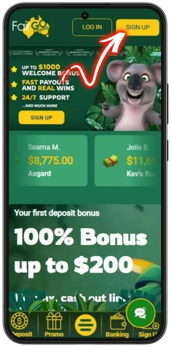 Fair Go Casino sign up button location